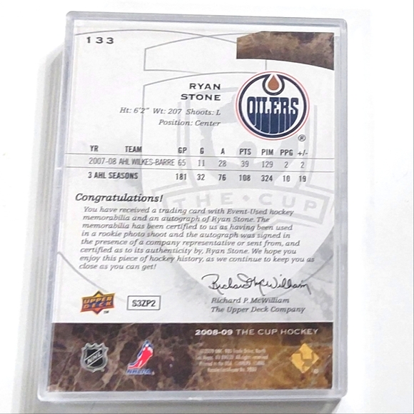 Ryan Stone Rookie Card UD THE CUP Hockey 2008/09 Edmonton Oilers 037/249 - Picture 2 of 2